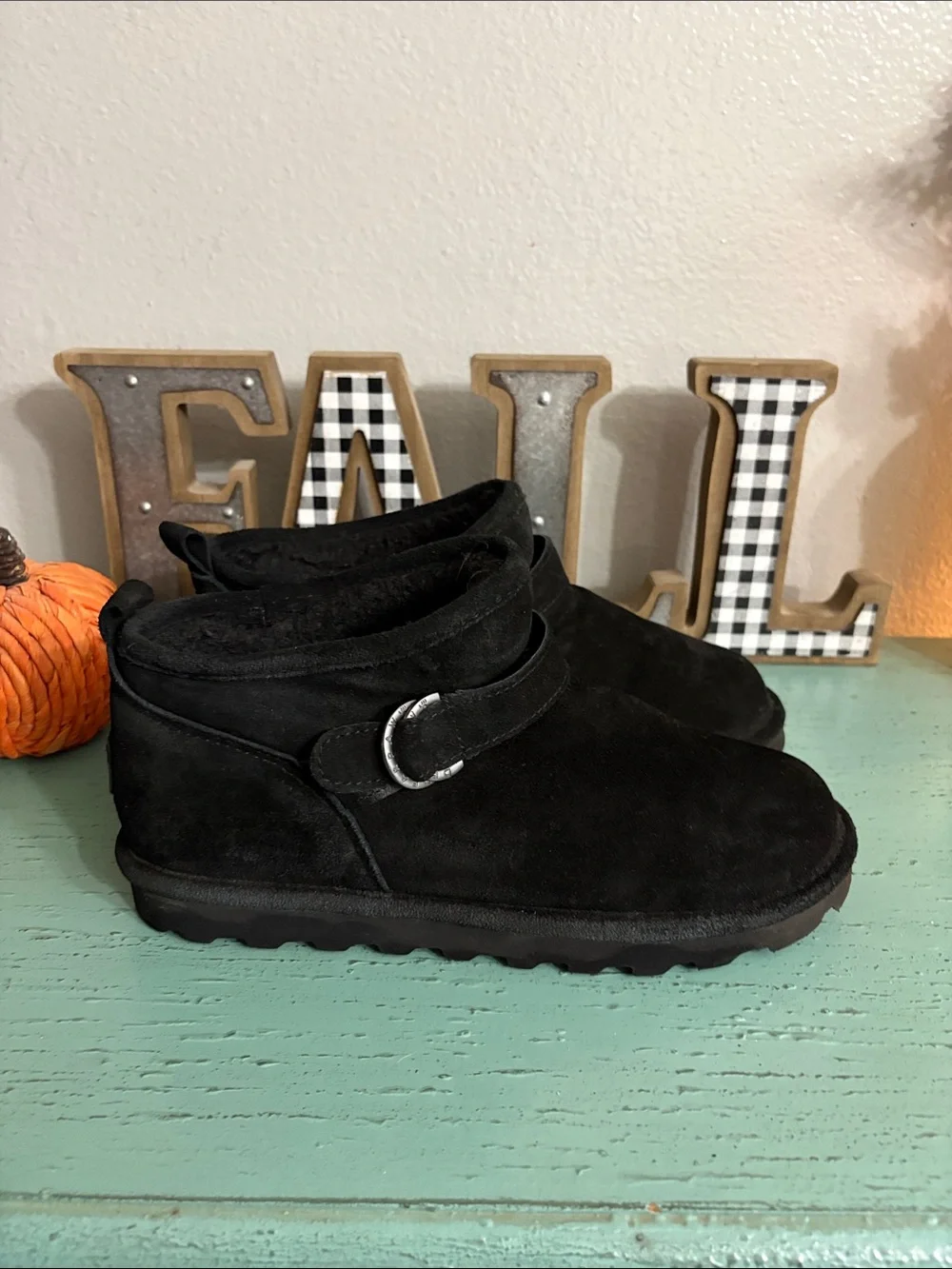 BearPaw Black Suede Ankle Booties with Strap